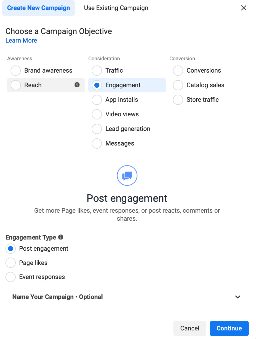 Facebook engagement objective for Facebook Ads 