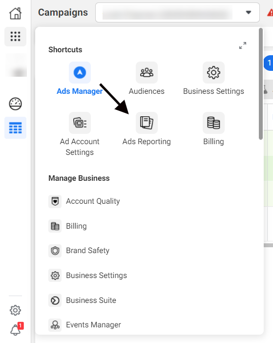 Navigating to ads reporting in Facebook Ads Manager