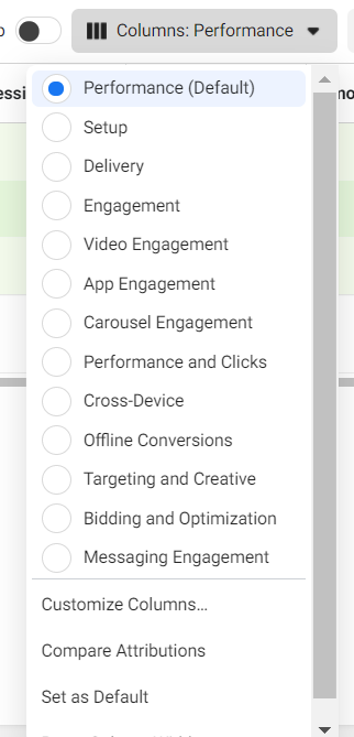 Drop-down list of columns available in the Facebook Ads Manager reporting dashboard