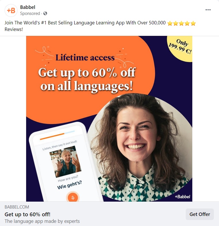 Babbel language learning app Facebook call to action