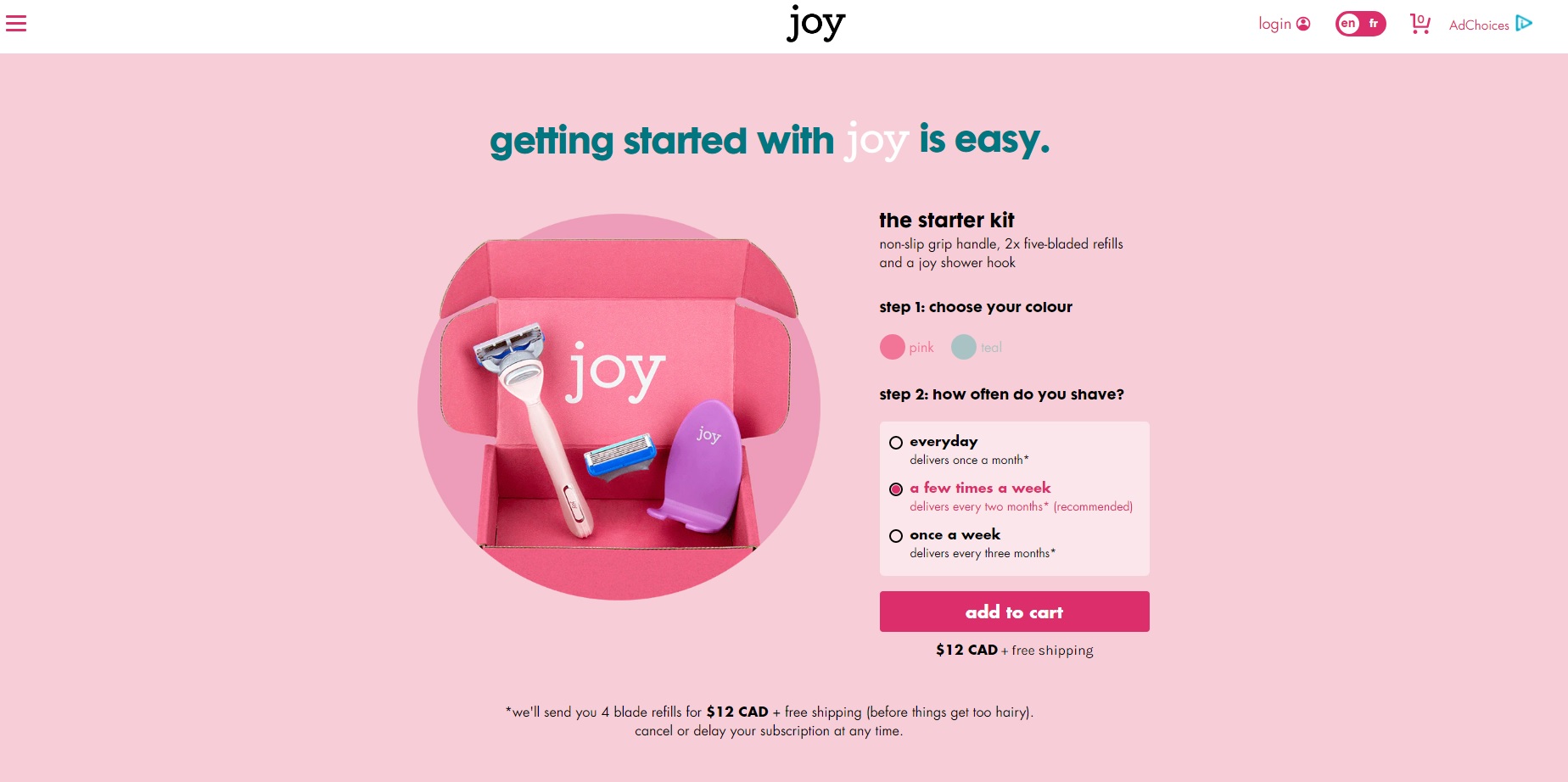 Joy razor subscription CTA button