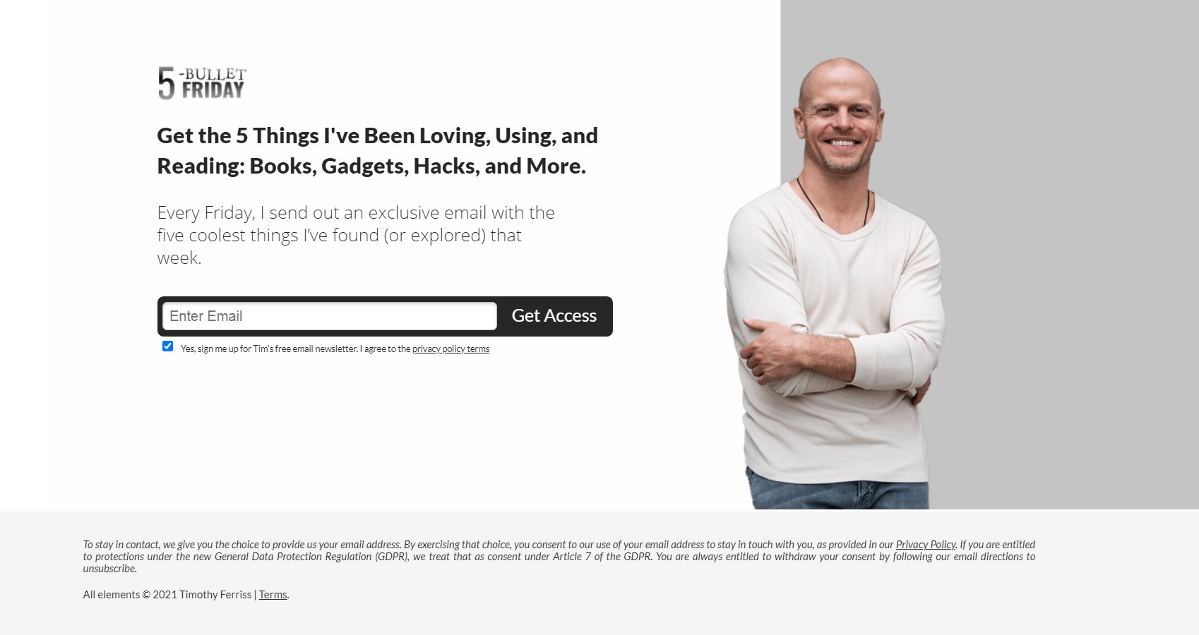 Tim Ferriss minimalistic email sign-up page