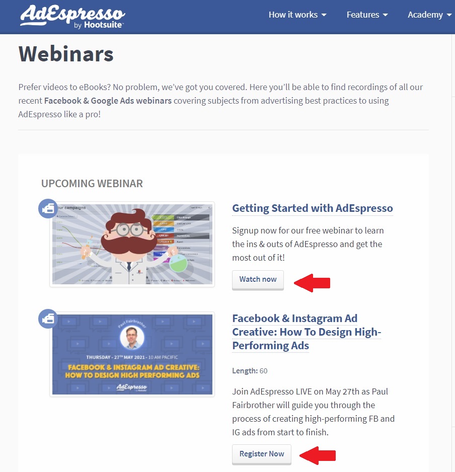 AdEspresso webinars call to action example watch now