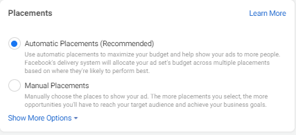 Choosing between automatic and manual ad placement selection in Facebook Ads Manager