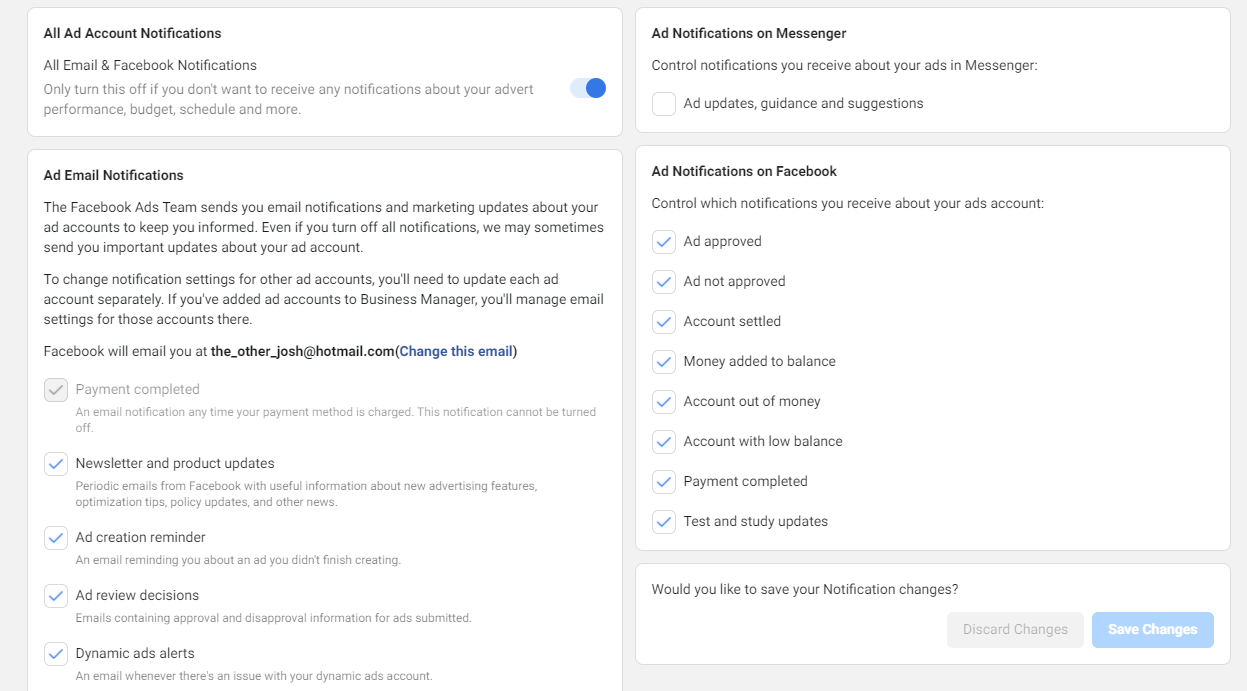 Notification settings in Facebook Business Manager