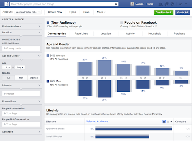 Facebook Audience Insights dashboard showing age, gender and lifestyle information.