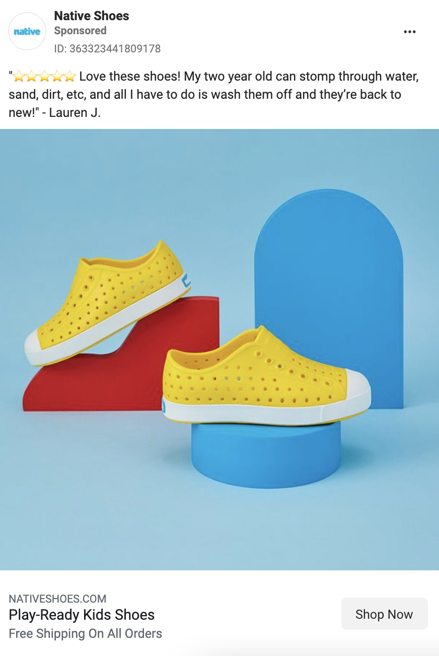 Facebook Ad promoting children's shoes from the brand Native Shoes. Ad copy includes a 5 star customer review. CTA includes information about free shipping.