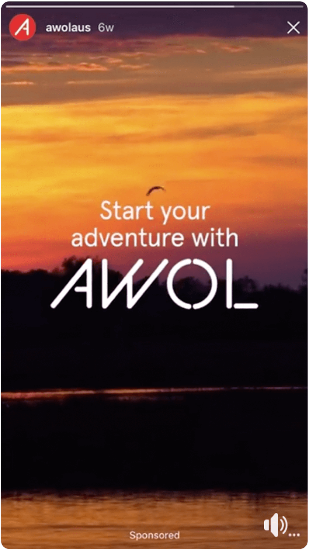 Instagram Story screenshot of a sunset with the text "Start your adventure with AWOL"