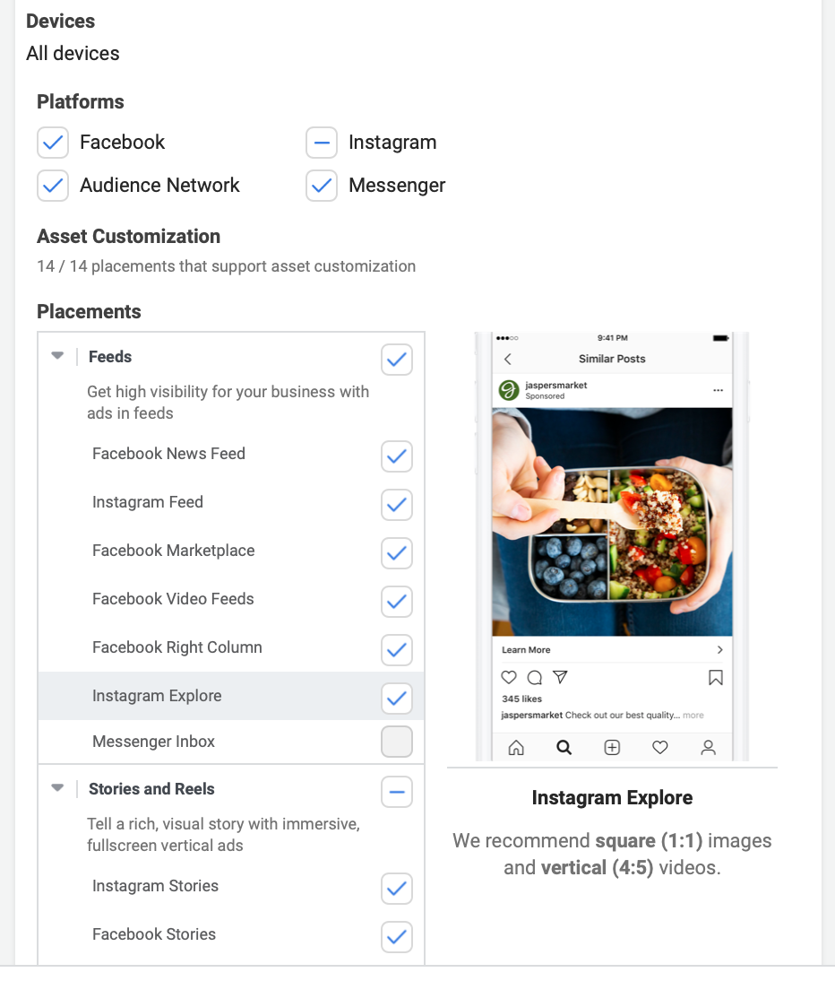 Instagram explore ads placement options 