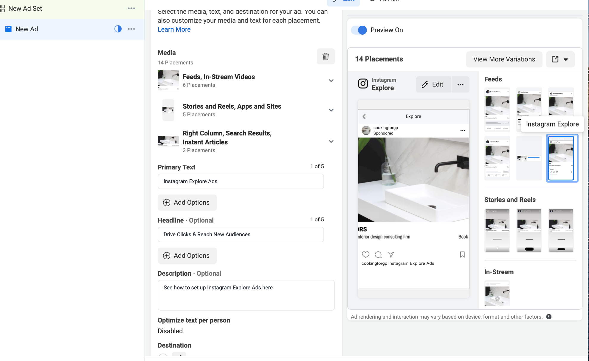 Instagram Explore ads preview in Create an Ad 