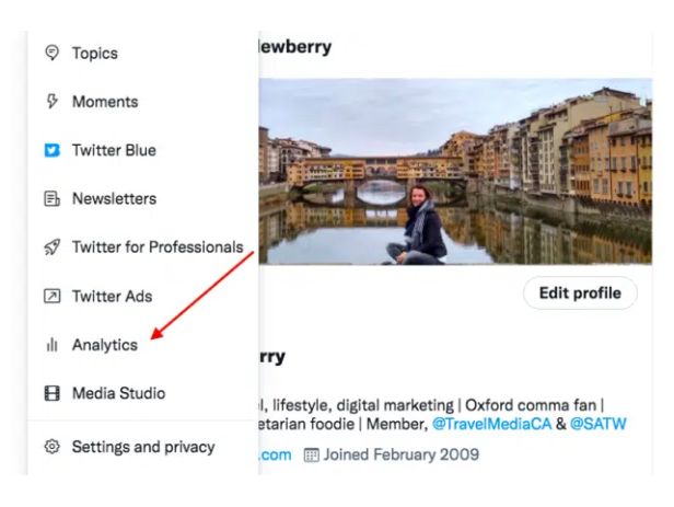 Navigating to Twitter analytics from Twitter