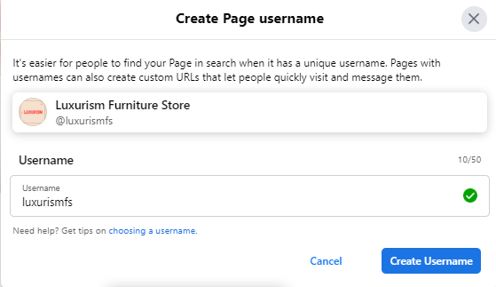 Creating a username for a Facebook Page