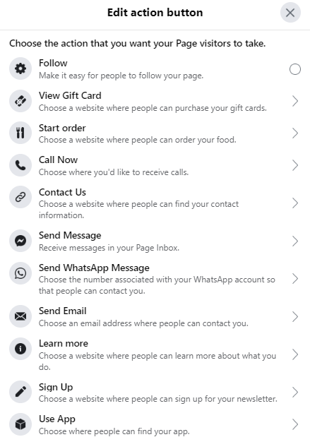 Editing the action button of a Facebook Page