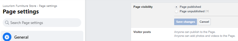 Facebook Page settings: Page visibility